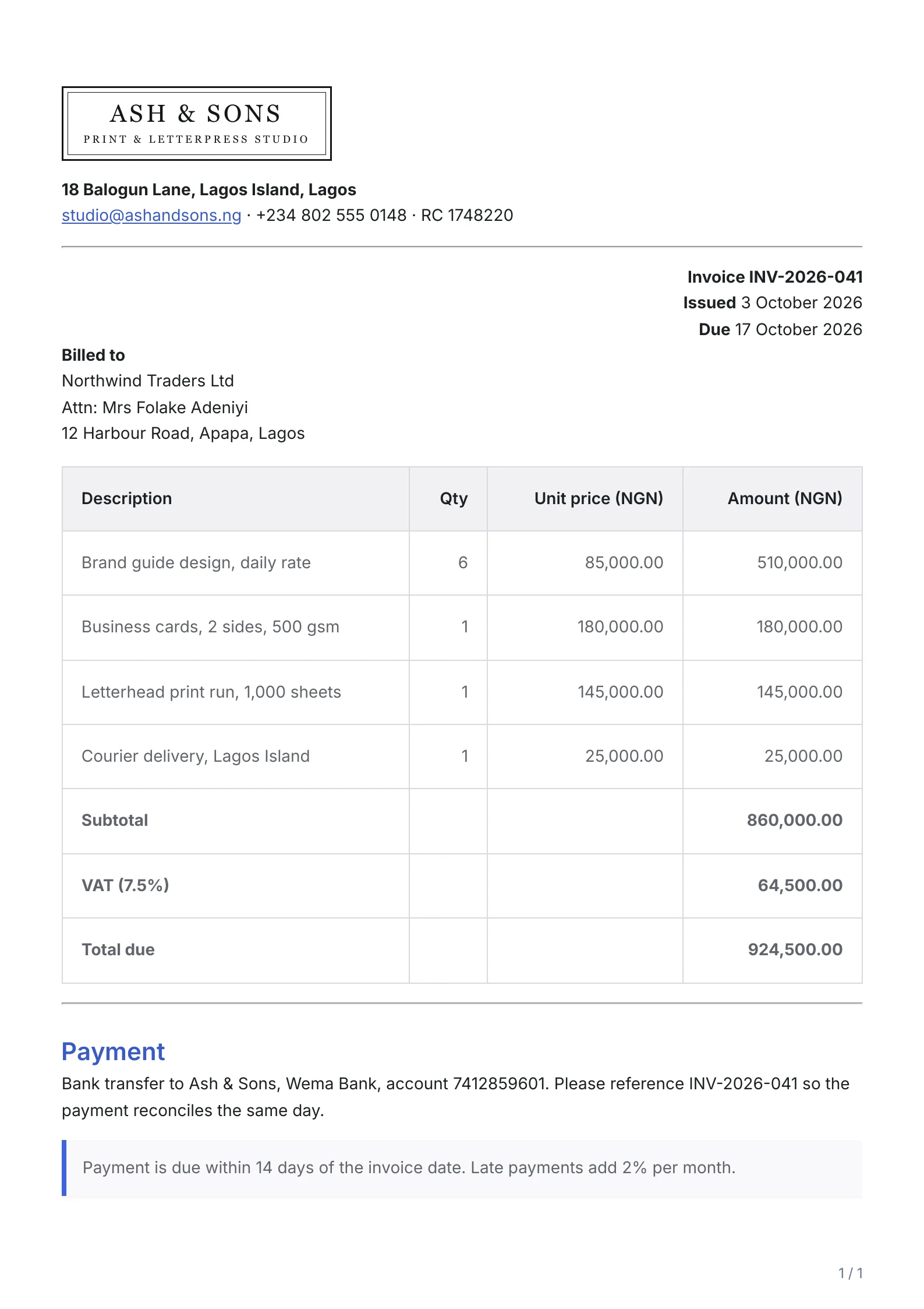 PDF page rendered from invoice.md: a print-studio invoice with a letterpress logo at the top left, letterhead address between horizontal rules, the invoice number and dates right-aligned, a billed-to block, a line-items table running from quantity and unit price through subtotal, VAT and the total due, then payment details and a terms note, in the Modern theme