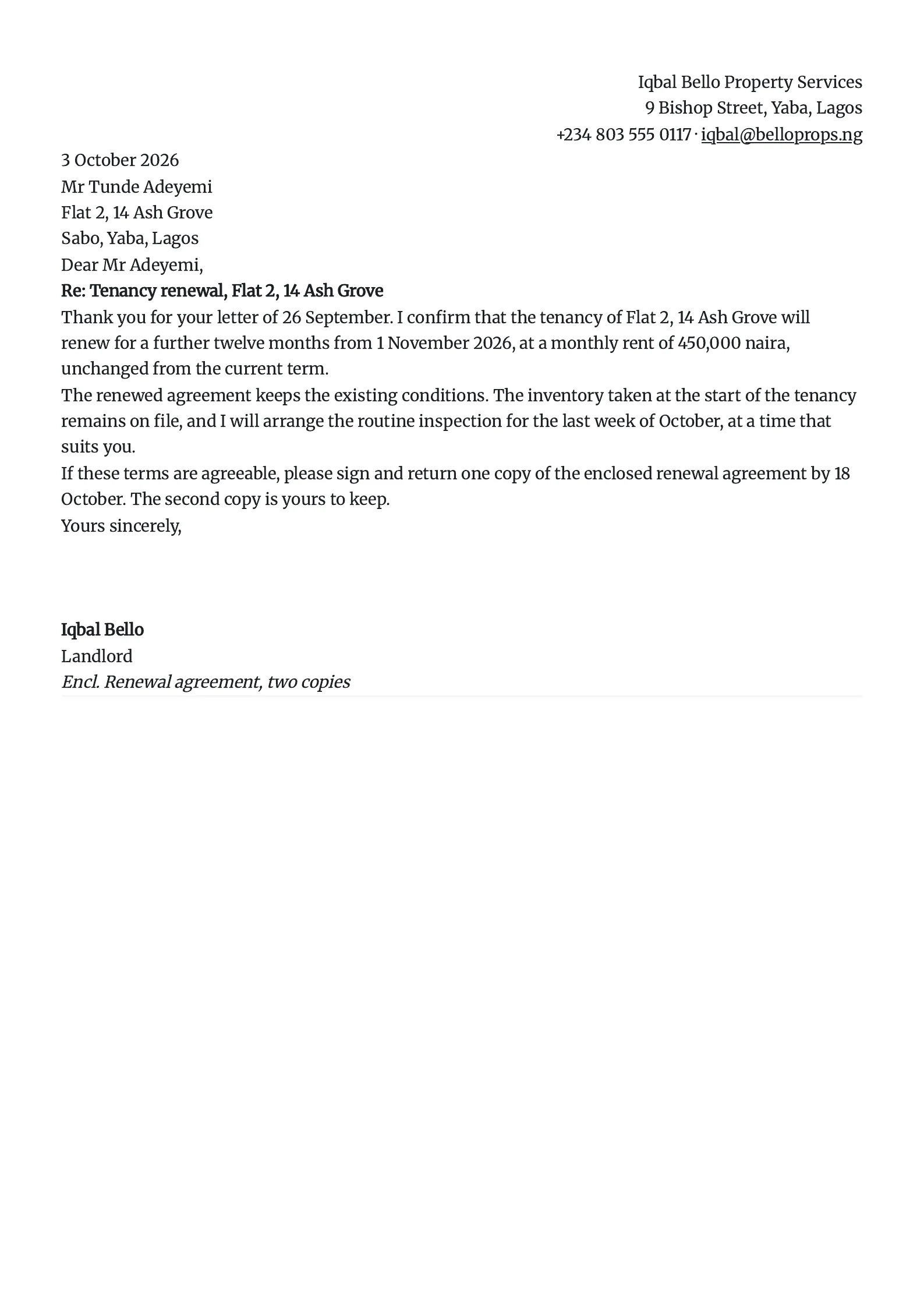 PDF page rendered from letter.md: a one-page tenancy renewal letter set in serif type, with the sender block right-aligned above the date, a recipient block, subject line, salutation, and a sign-off that leaves room for a handwritten signature above the typed name, in the Academic theme