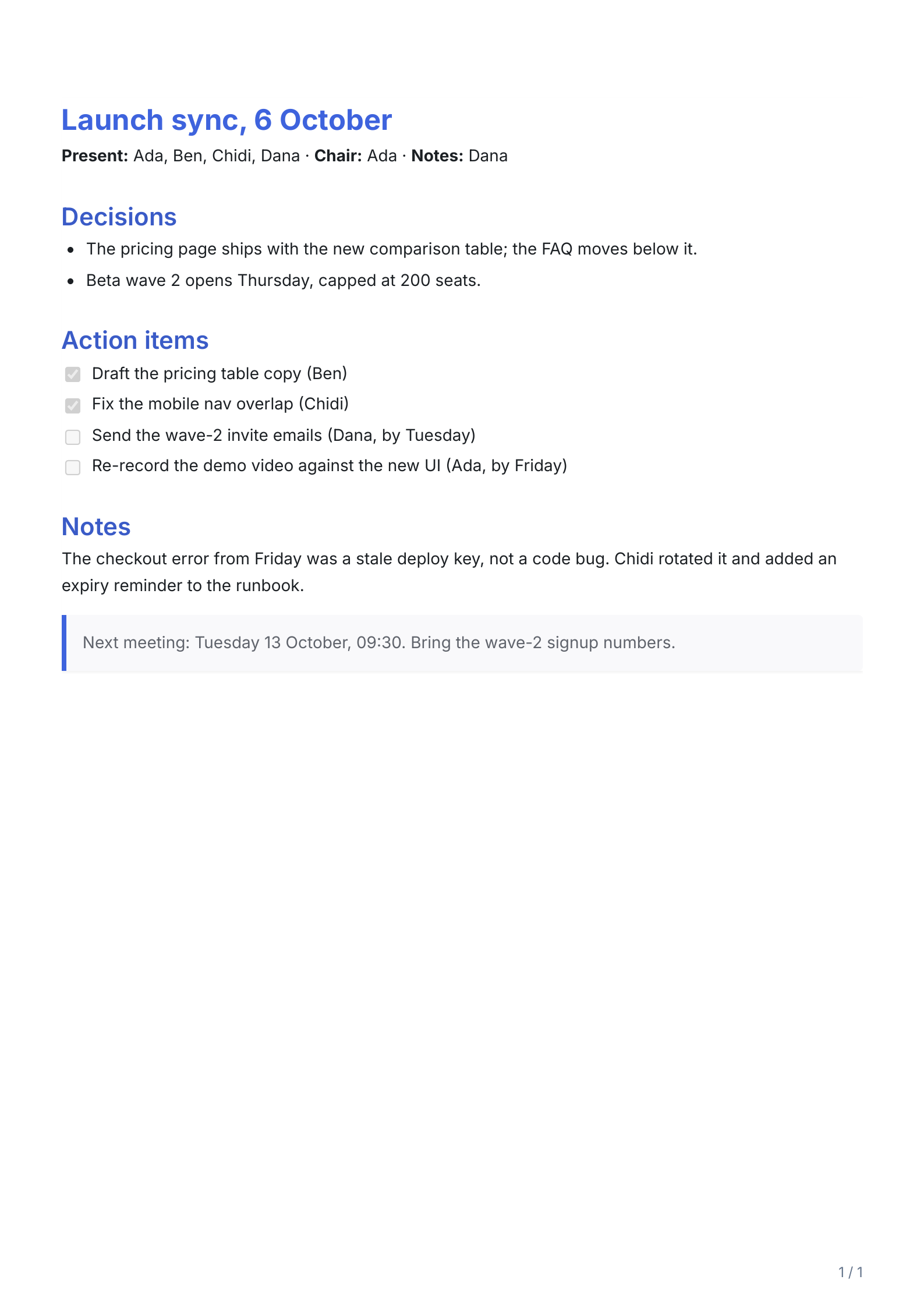 PDF page rendered from notes.md: Launch sync meeting notes, with a decisions list, action items shown as two checked and two open checkboxes, and a next-meeting note, in the Modern theme